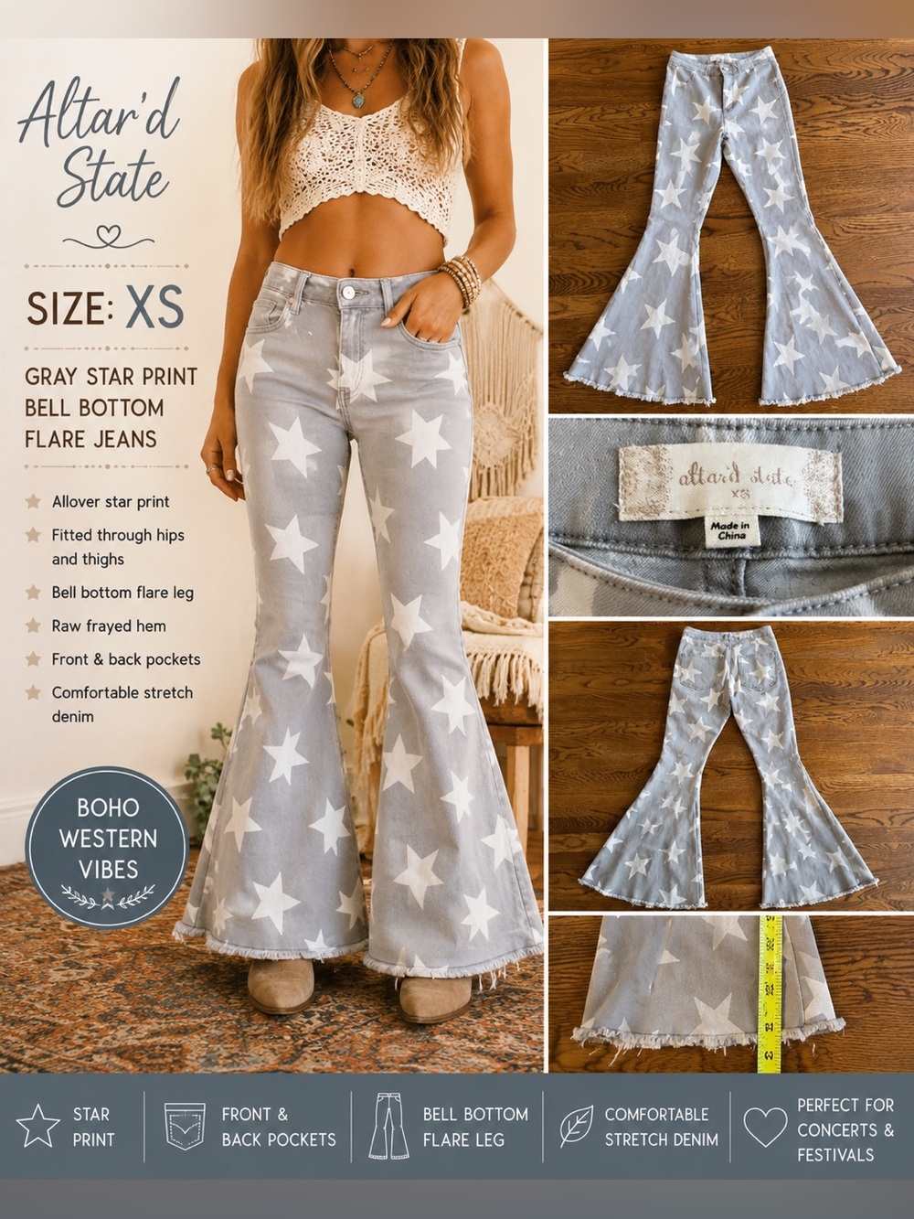 Altar'd State Light Gray Star Print Flared Jeans Size XS